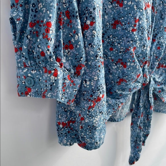 Beachlunchlounge Blue 3/4 Sleeve Tie Front Viscose  Blouse Medium - Picture 9 of 15